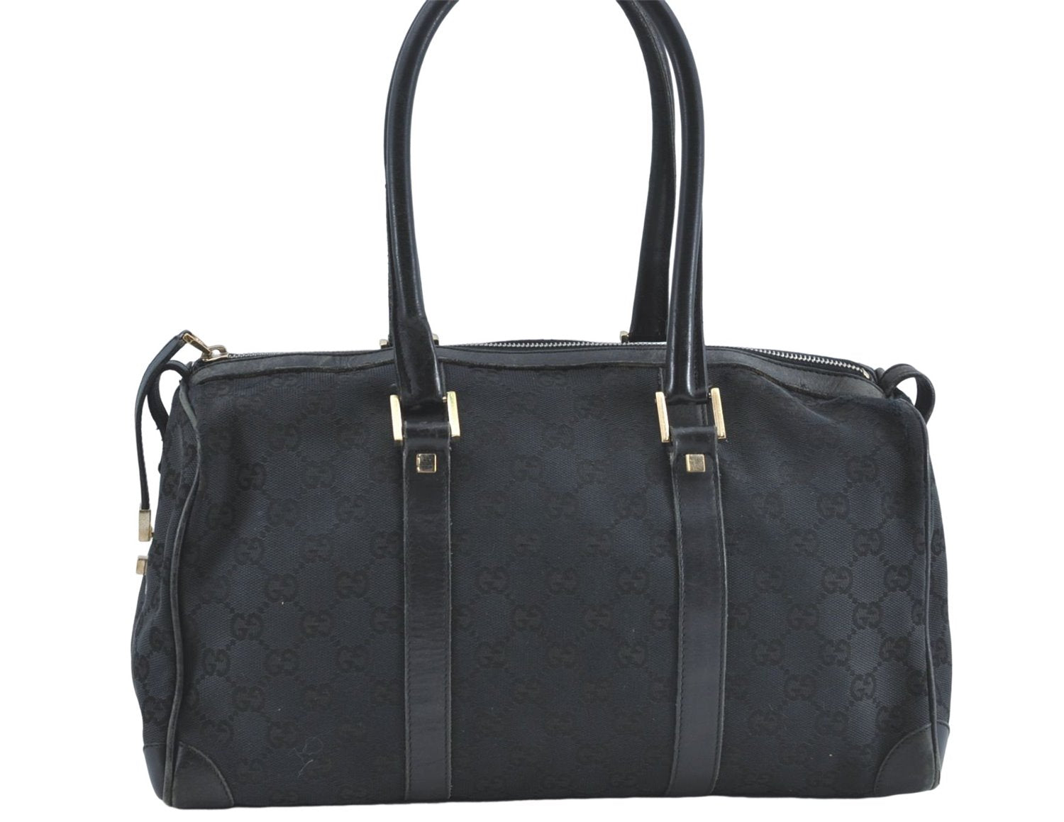 Authentic GUCCI Hand Boston Bag GG Canvas Leather 0000846 Black G6682