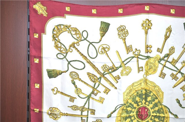 Authentic HERMES Carre 90 Scarf "LES CLES" Silk Bordeaux Red G6833