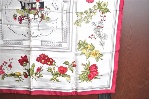 Authentic HERMES Carre 90 Scarf "Quai aux Fleurs" Silk Pink White G6905