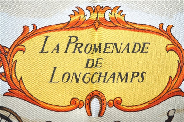 Authentic HERMES Carre 90 Scarf "LA PROMENADE DE LONGCHAMPS" Silk Beige G6925