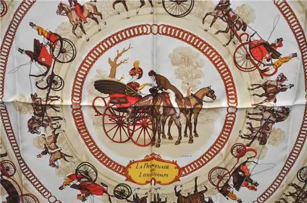 Authentic HERMES Carre 90 Scarf "LA PROMENADE DE LONGCHAMPS" Silk Beige G6925