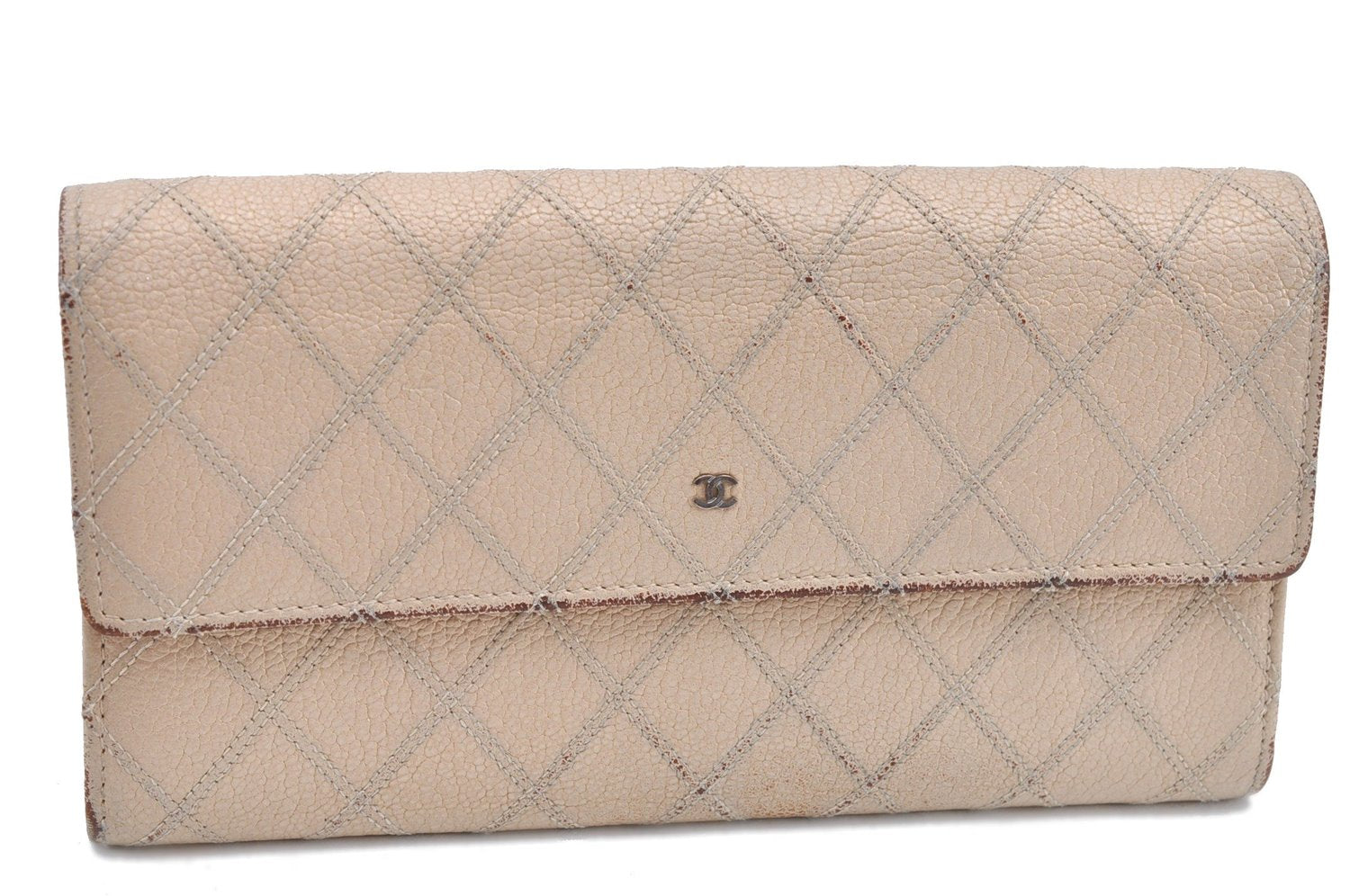 Authentic CHANEL Calf Skin Bicolore CC Logo Long Wallet Purse Ivory G7351