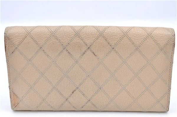 Authentic CHANEL Calf Skin Bicolore CC Logo Long Wallet Purse Ivory G7351