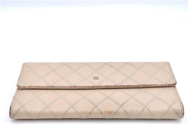 Authentic CHANEL Calf Skin Bicolore CC Logo Long Wallet Purse Ivory G7351