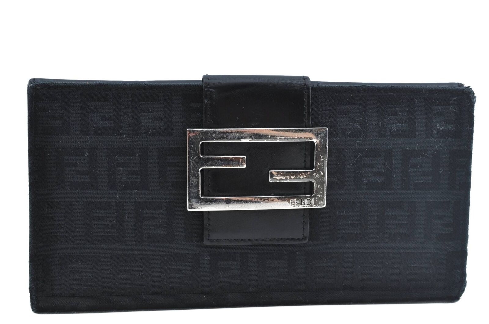 Authentic FENDI Zucchino Long Wallet Canvas Leather Black G7420