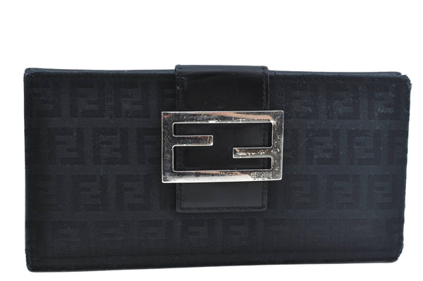 Authentic FENDI Zucchino Long Wallet Canvas Leather Black G7420