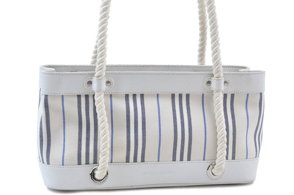 Authentic BURBERRY Stripe Canvas Leather Shoulder Bag White G7466