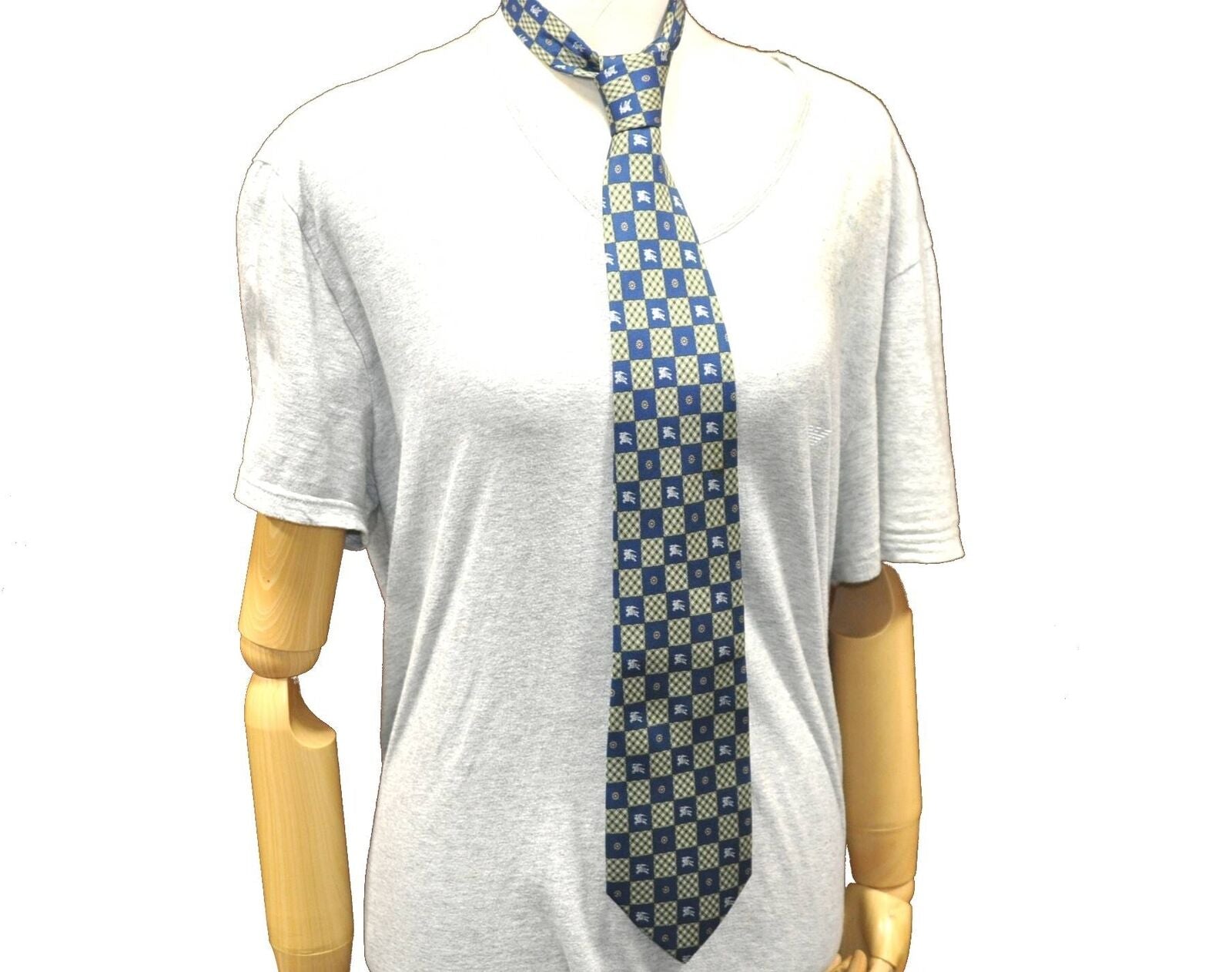Authentic Burberrys Tie Necktie Check Pattern Silk Blue Green G7550
