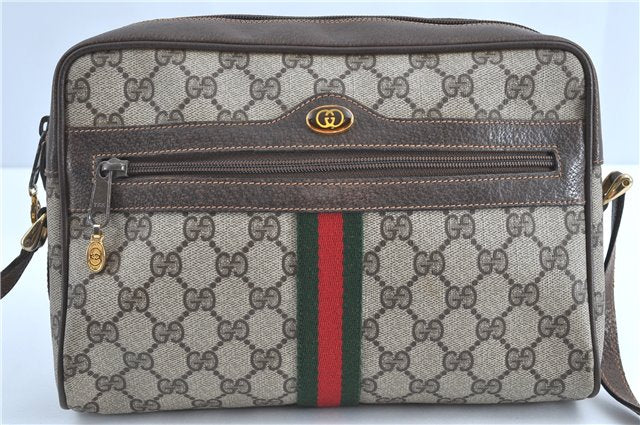 Authentic GUCCI Web Sherry Line Shoulder Cross Bag GG PVC Leather Brown G7675