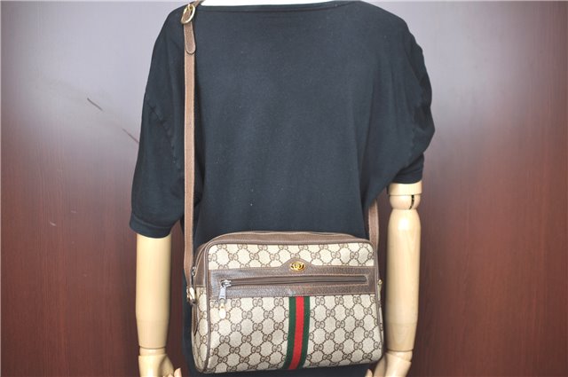 Authentic GUCCI Web Sherry Line Shoulder Cross Bag GG PVC Leather Brown G7675