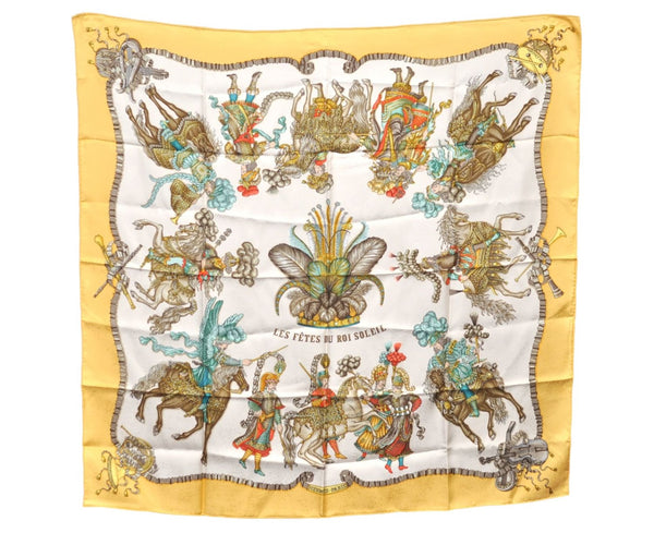 Authentic HERMES Carre 90 Scarf "ES FETES DU ROI SOLEIL" Silk Yellow G8491