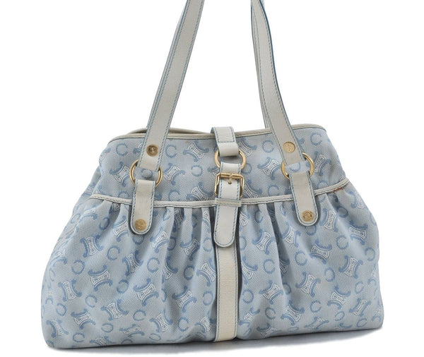 Auth CELINE C Macadam Pattern Shoulder Tote Bag Canvas Leather Light Blue G8613