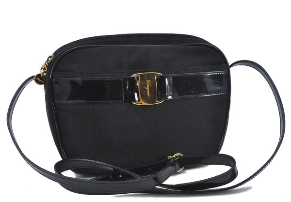 Auth Salvatore Ferragamo Vara Shoulder Cross Bag Nylon Enamel Black SF G8617