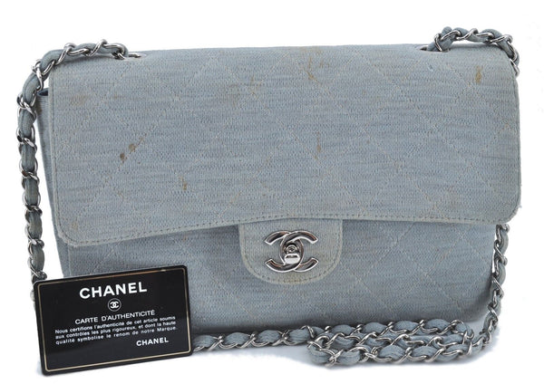 Authentic CHANEL Matelasse Chain Turnlock Shoulder Cross Bag Light Blue CC G8700