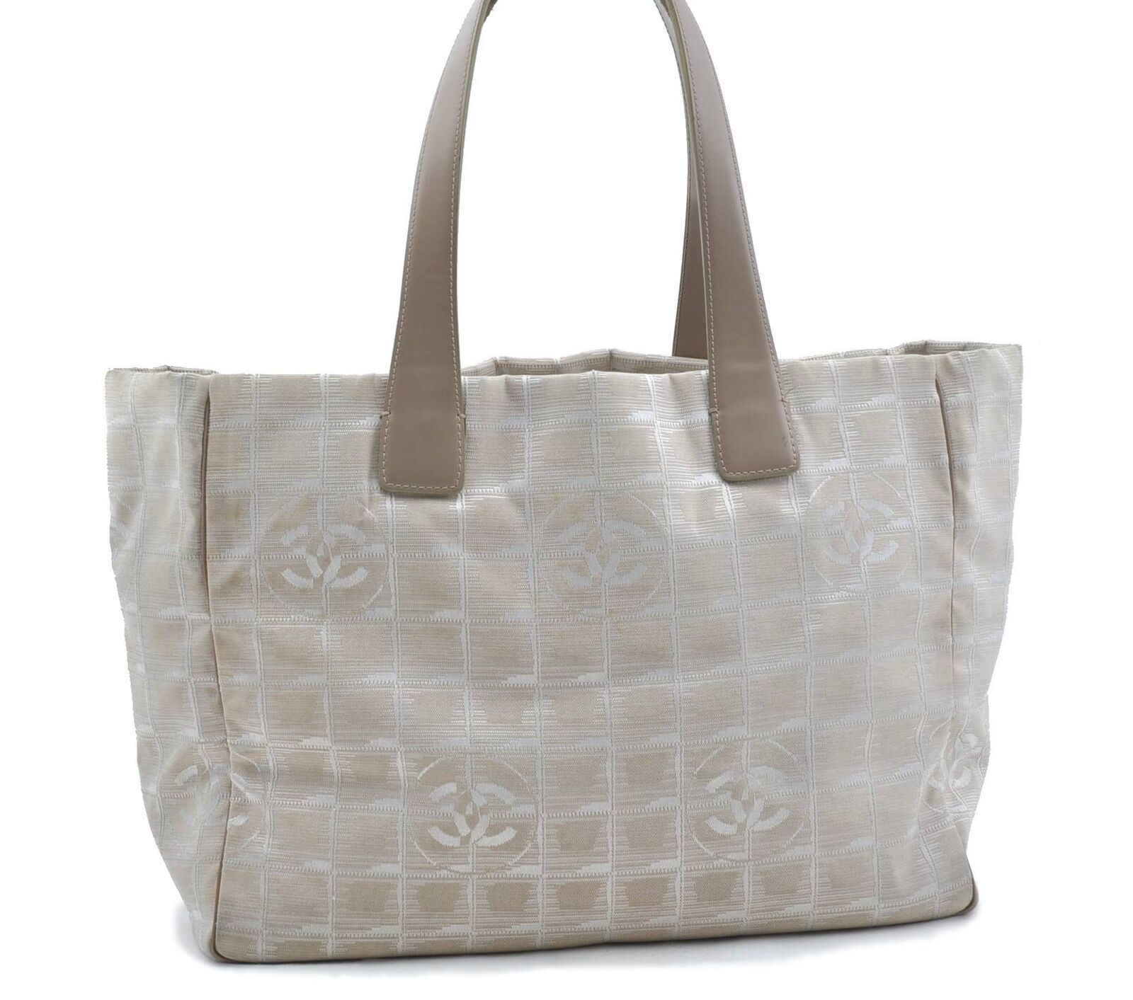 Authentic CHANEL New Travel Line Shoulder Tote Bag Nylon Leather Beige G9223