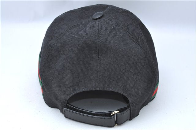 Authentic GUCCI Web Sherry Line Cap GG Canvas Leather Size M 200035 Black G9649