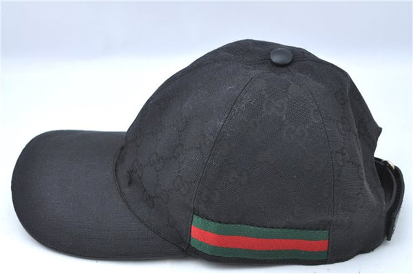 Authentic GUCCI Web Sherry Line Cap GG Canvas Leather Size M 200035 Black G9649