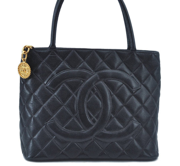 Authentic CHANEL Caviar Skin Medallion Shoulder Tote Bag Black CC Logo G9661