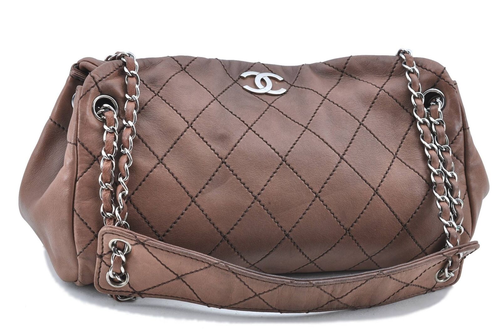 Authentic CHANEL Wild Stitch Matelasse Lamb Skin Shoulder Bag Brown CC G9710