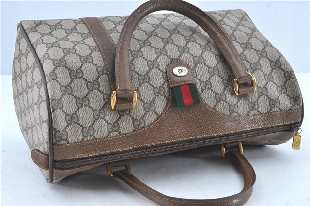 Authentic GUCCI Web Sherry Line Hand Boston Bag GG PVC Leather Brown Junk G9934