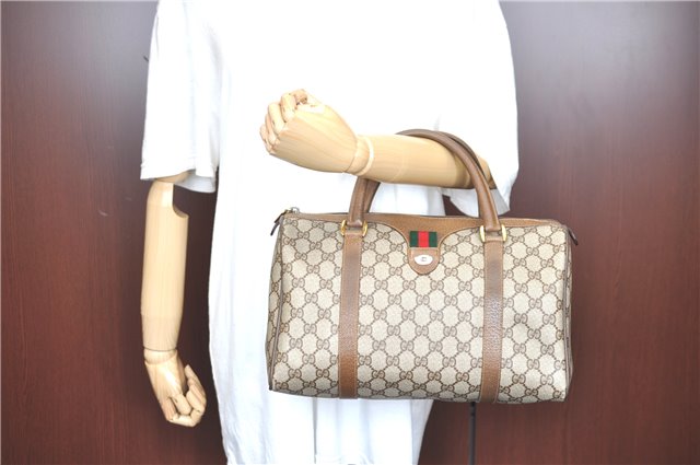 Authentic GUCCI Web Sherry Line Hand Boston Bag GG PVC Leather Brown Junk G9934