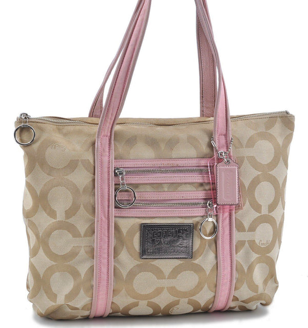 Authentic COACH Op Art Shoulder Tote Bag Canvas Leather F13826 Beige H0193