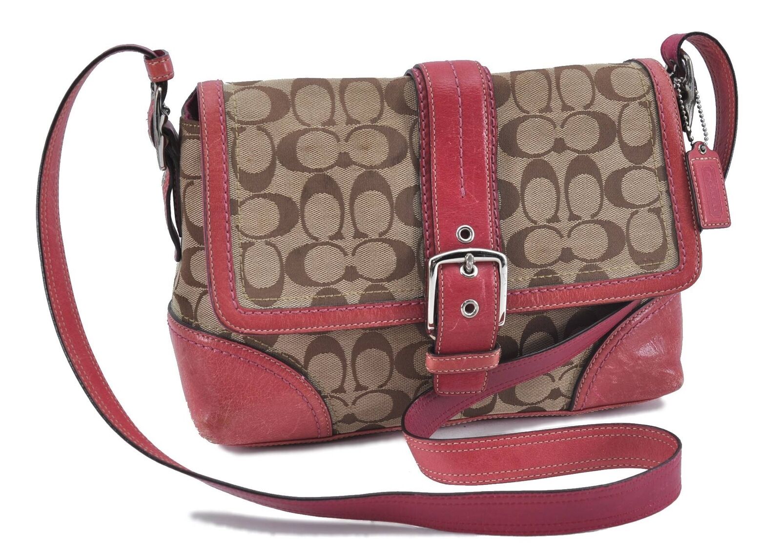 Auth COACH Signature Shoulder Cross Bag Canvas Leather F12641 Brown Pink H0234