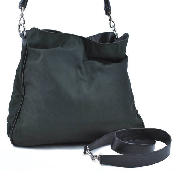 Auth GUCCI Bamboo 2way Hand Shoulder Bag Nylon Leather 0011577 Khaki Green H0595