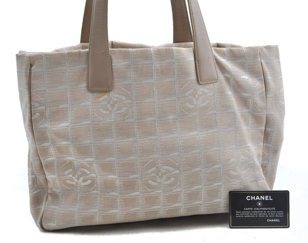 Authentic CHANEL New Travel Line Shoulder Tote Bag Nylon Leather Beige H0723