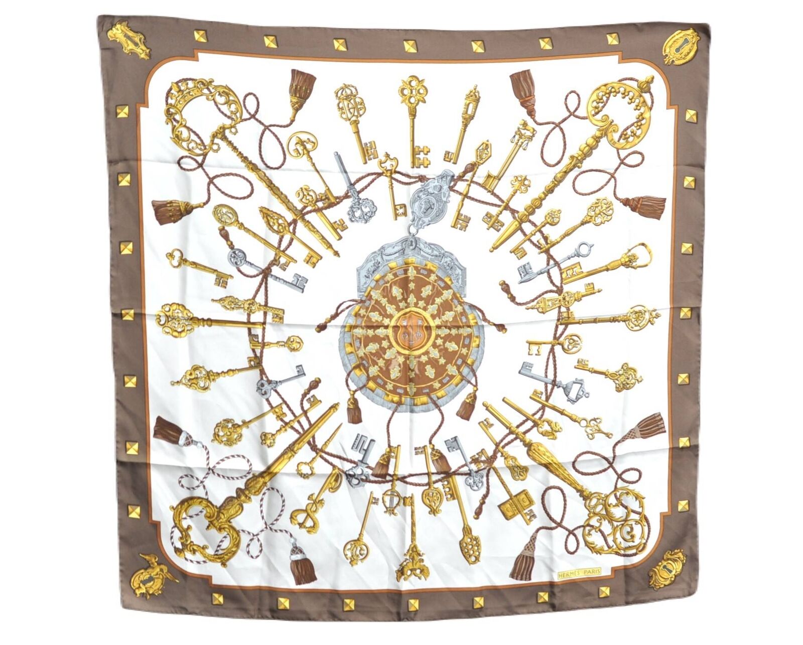 Authentic HERMES Carre 90 Scarf Key Tassel Motif Silk Khaki Brown H0857