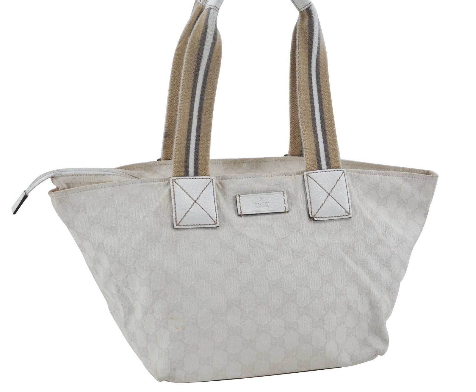 Authentic GUCCI Shoulder Tote Bag GG Canvas Leather 131230 White Khaki H0909