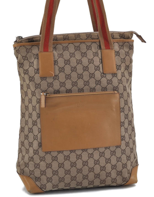 Authentic GUCCI Sherry Line Tote Bag Canvas Leather 0190401 Brown Red H1026