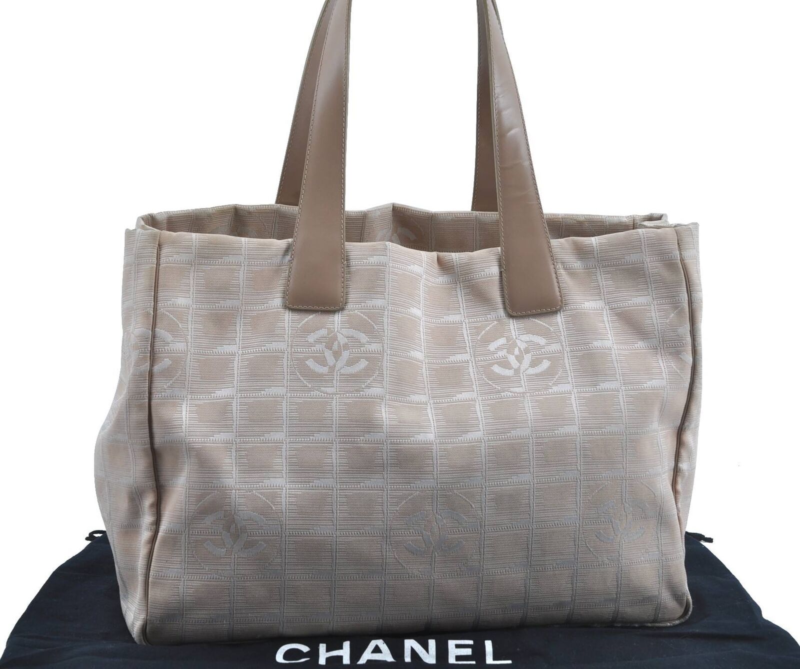 Authentic CHANEL New Travel Line Shoulder Tote Bag Nylon Leather Beige H1104