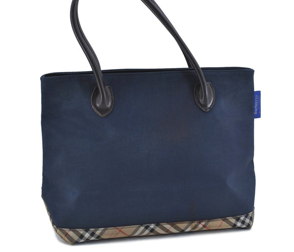 Auth Burberrys BLUE LABEL Check Nylon Leather Shoulder Tote Bag Navy Blue H1403