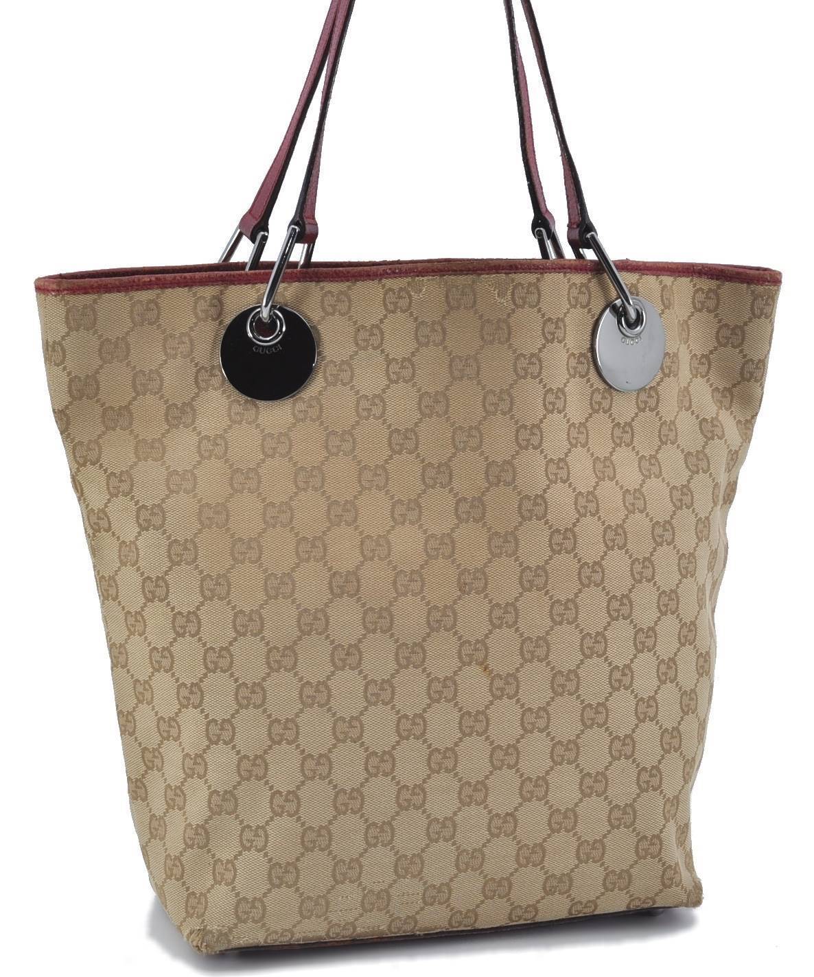 Auth GUCCI Eclipse Shoulder Tote Bag GG Canvas Leather 120836 Beige Red H1404
