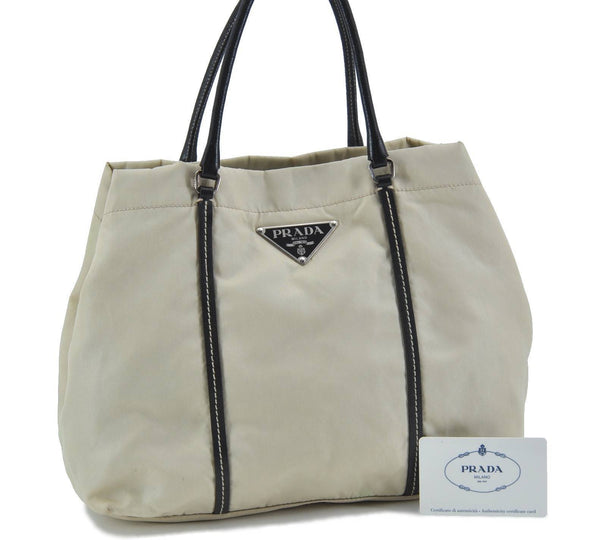 Authentic PRADA Nylon Leather Tote Hand Bag BN0641 Ivory Black H1416