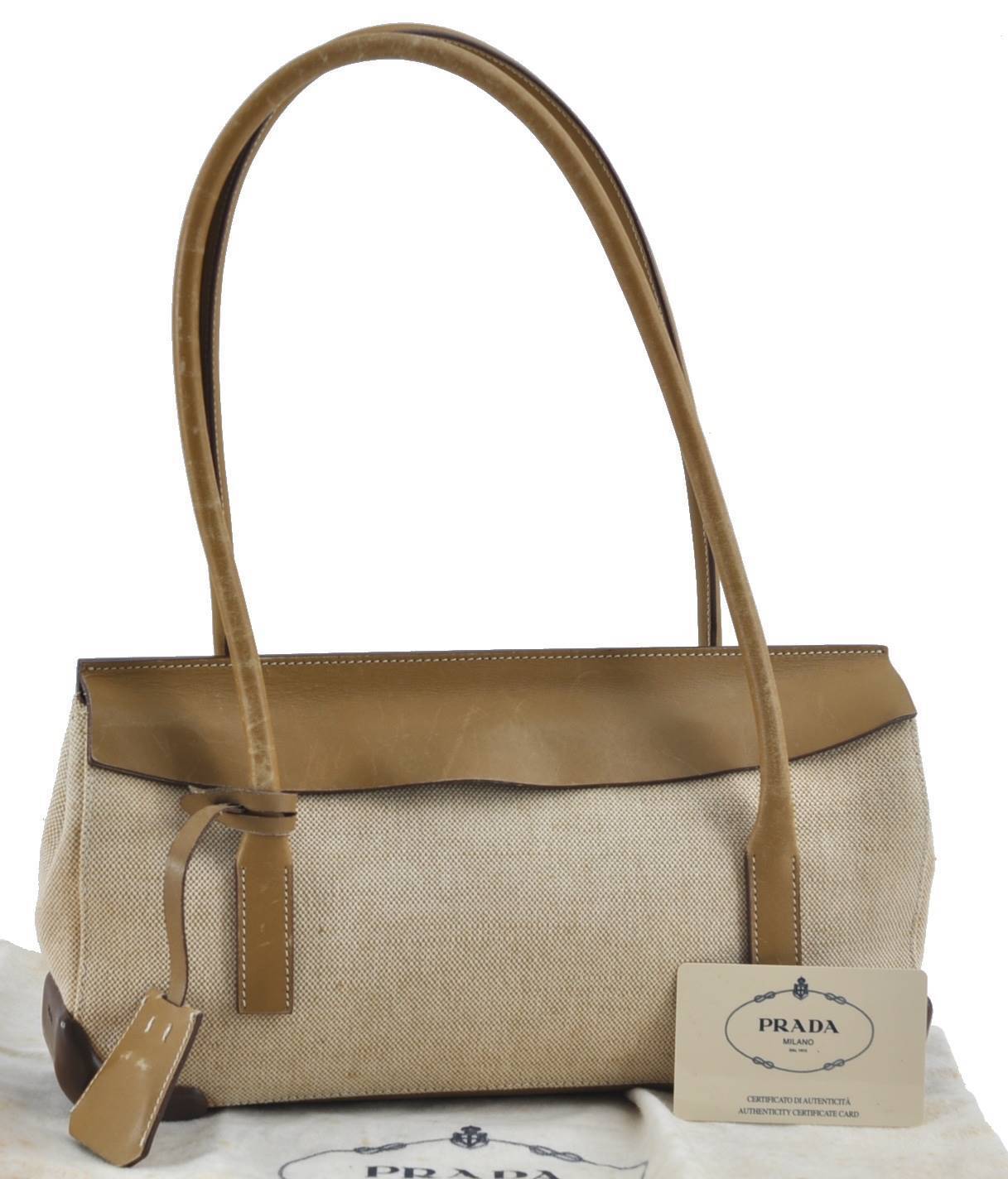 Authentic PRADA Canvas Leather Shoulder Hand Bag Beige Brown H1425