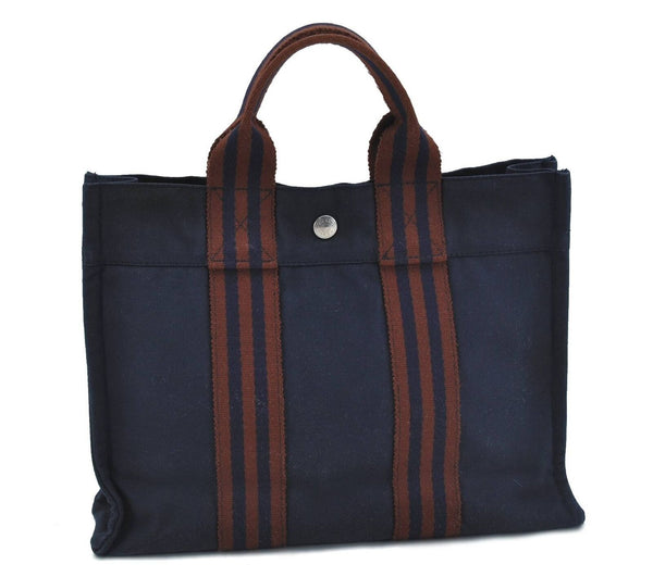 Authentic HERMES Fourre Tout PM Hand Tote Bag Canvas Navy Brown H1433