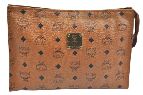Authentic MCM Visetos Leather Vintage Clutch Hand Bag Brown H1440