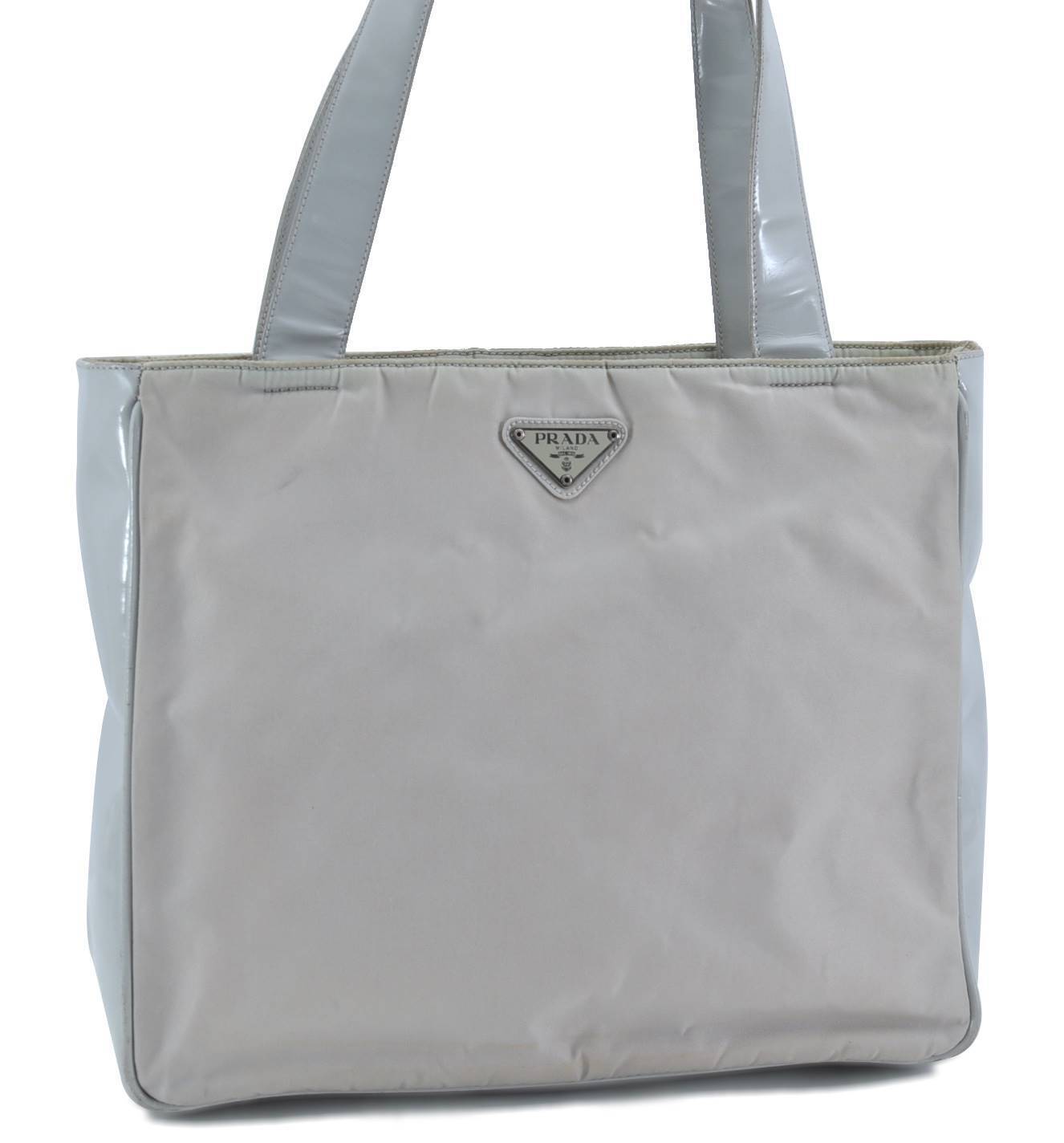 Authentic PRADA Nylon Shoulder Tote Bag Light Gray H1446