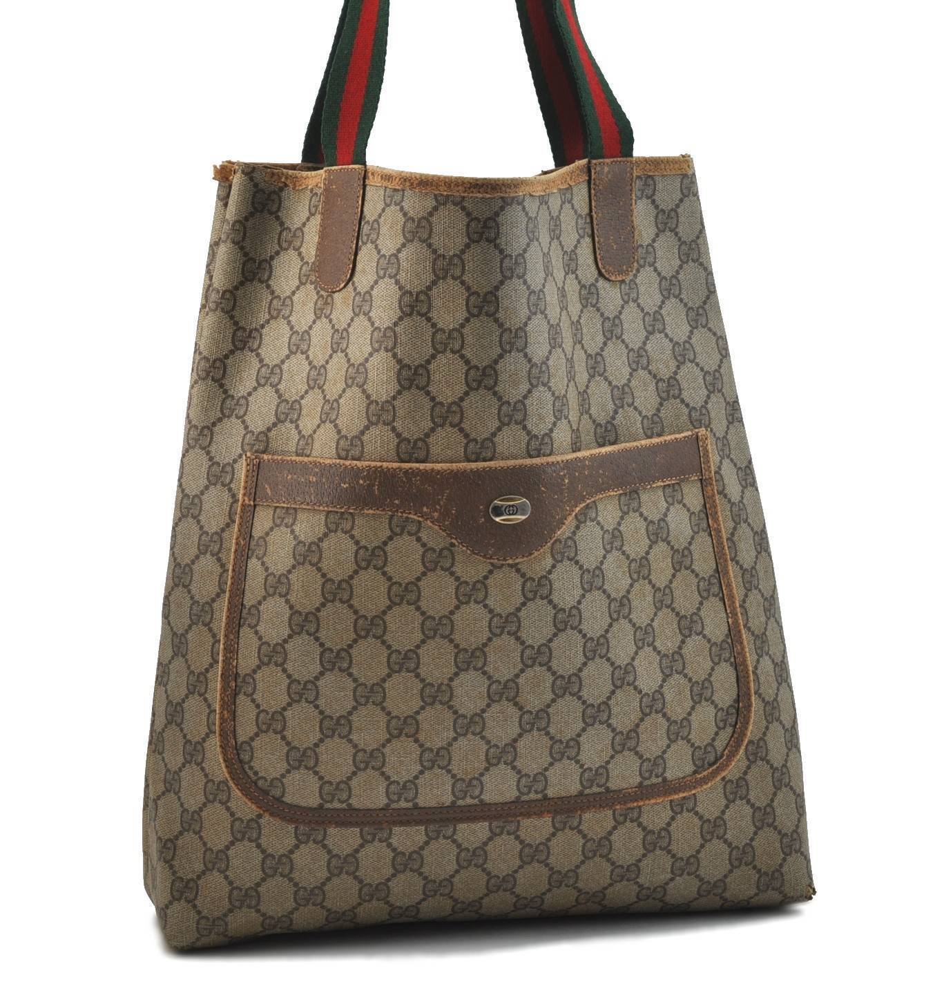 Authentic GUCCI Web Sherry Line Shoulder Tote Bag PVC Leather Brown H1520