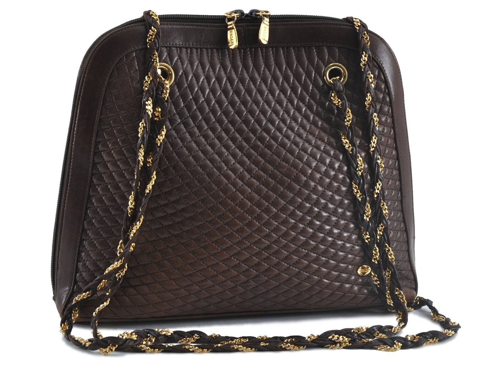 Authentic BALLY Quilting Leather Chain Shoulder Bag Brown H1539