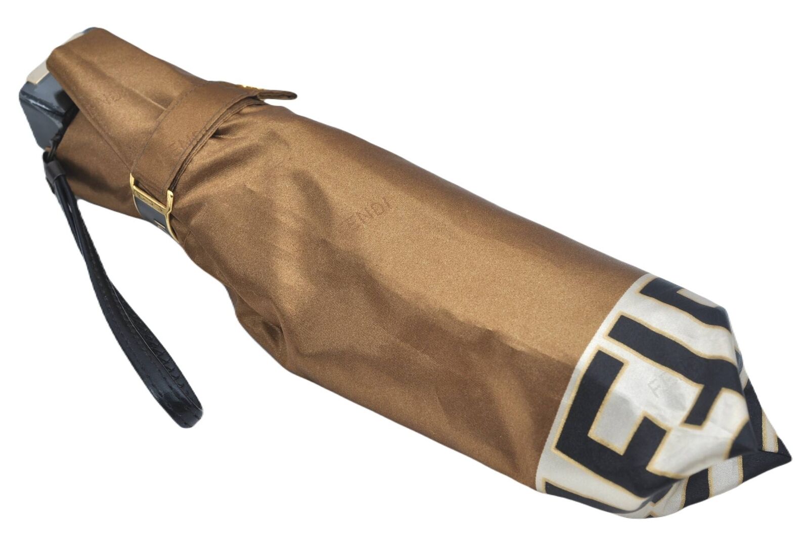Authentic FENDI Zucca Folding Umbrella Gold Black White H1552