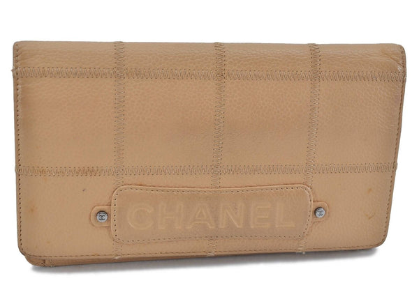 Authentic CHANEL Caviar Skin CC Logo Bifold Long Wallet Beige H1683