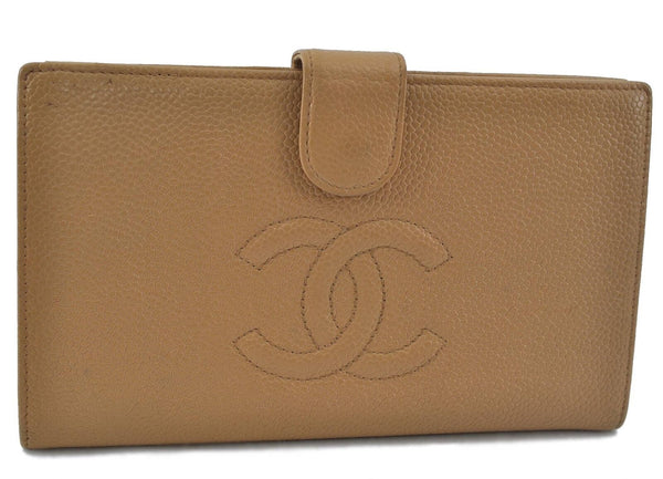 Authentic CHANEL Caviar Skin CC Logo Long Wallet Purse Beige H1685