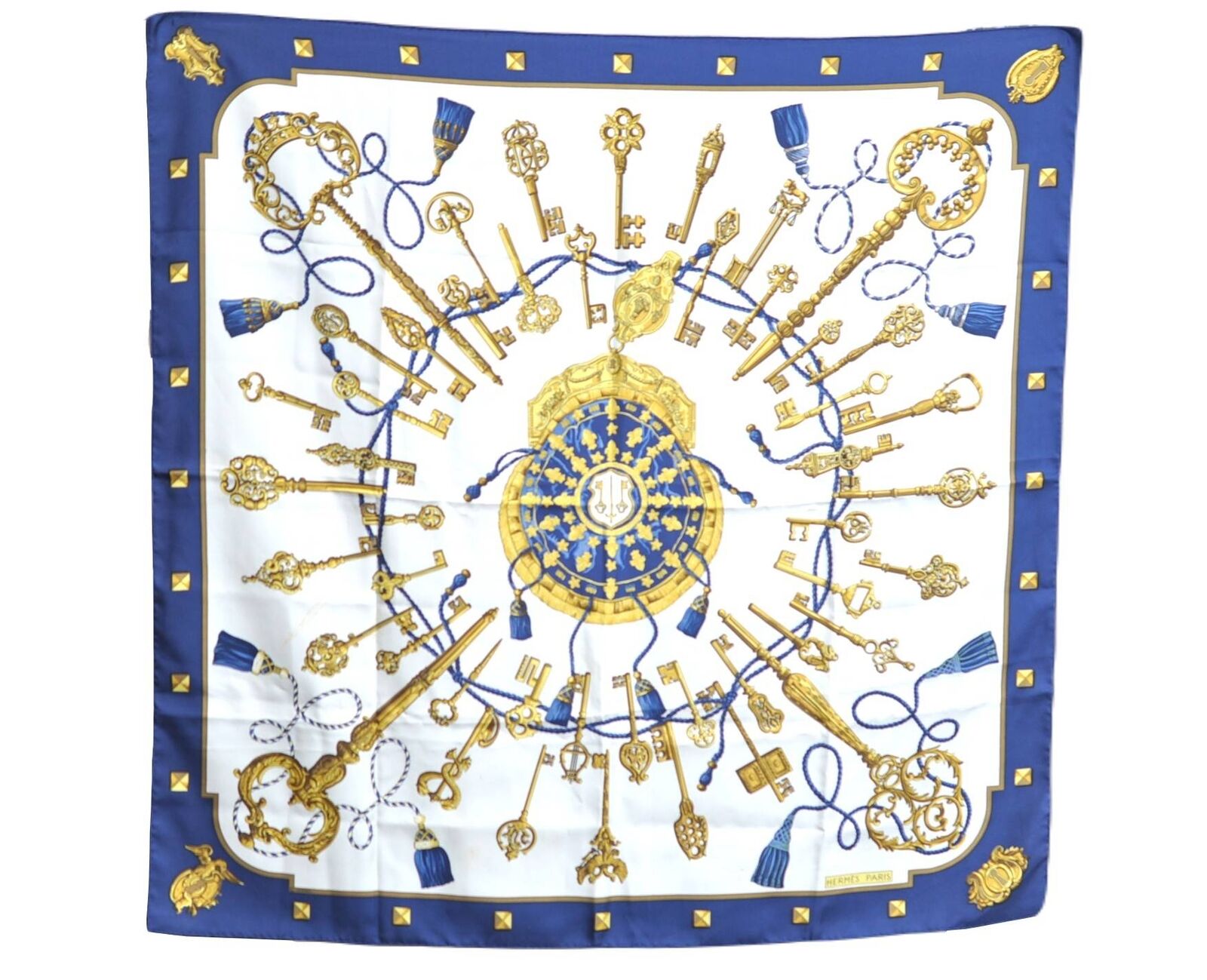 Authentic HERMES Carre 90 Scarf Keys Taseel Motif Silk Blue H1747