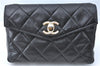 Authentic CHANEL Lamb Skin Matelasse CC Logo Chain Waist Body Bag Black H1884