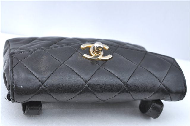 Authentic CHANEL Lamb Skin Matelasse CC Logo Chain Waist Body Bag Black H1884