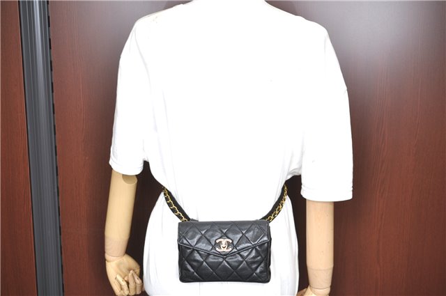 Authentic CHANEL Lamb Skin Matelasse CC Logo Chain Waist Body Bag Black H1884