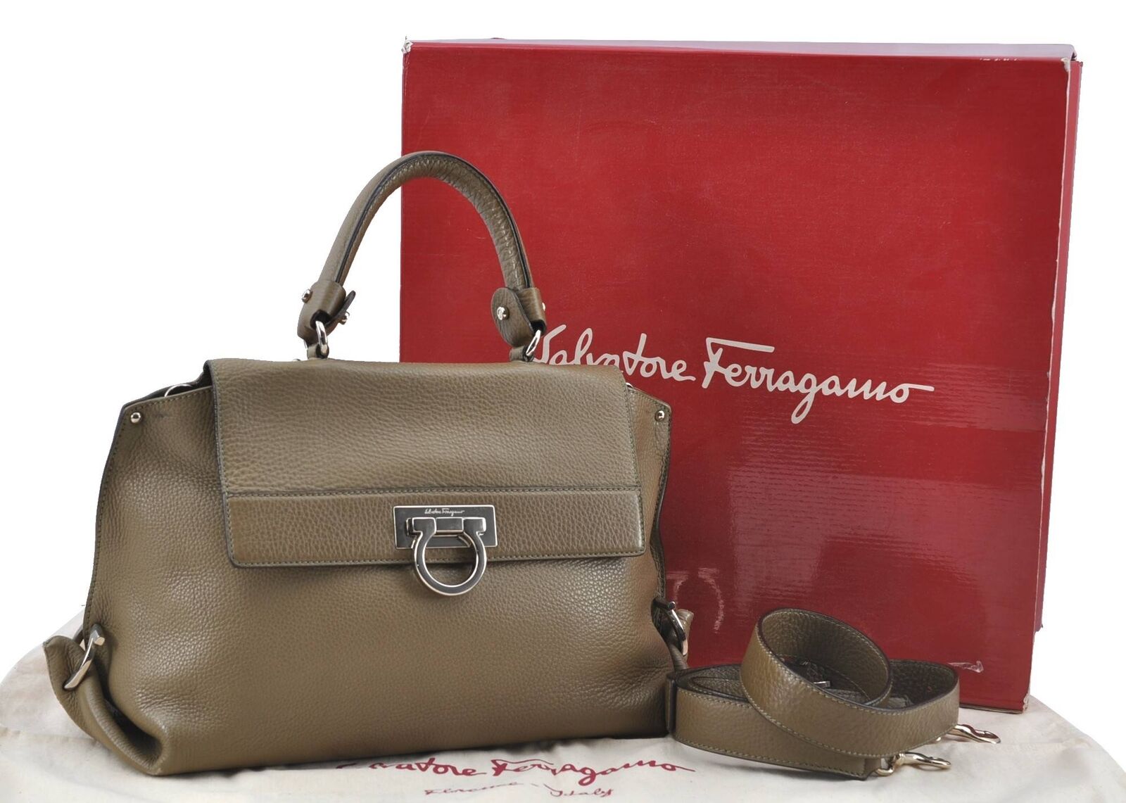 Authentic Ferragamo Gancini 2Way Shoulder Hand Bag Purse Leather Beige Box H1887